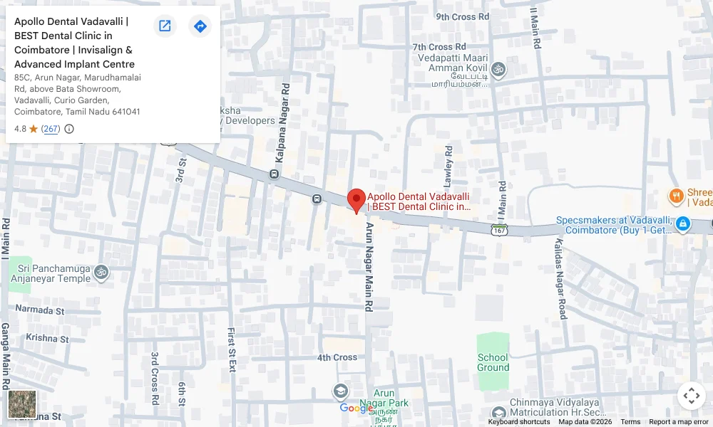 Map showing Apollo Dental Vadavalli on Marudhamalai Road