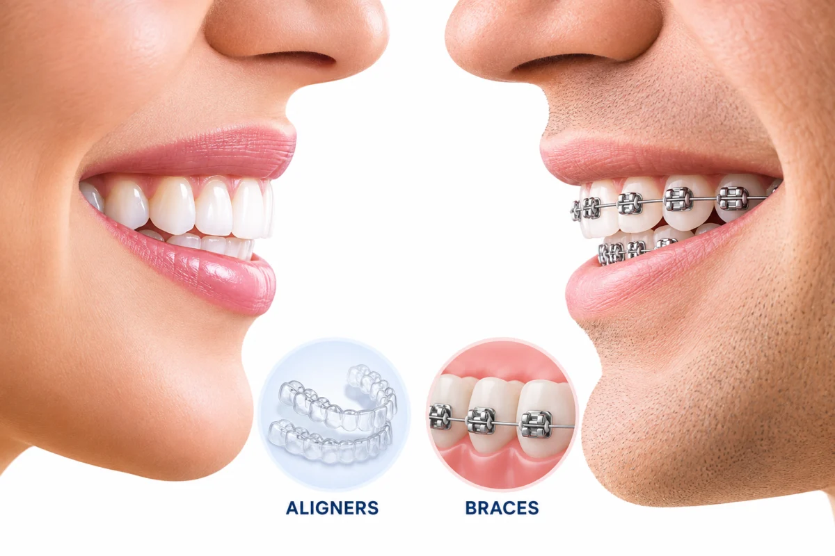 Clear aligners and metal braces compared